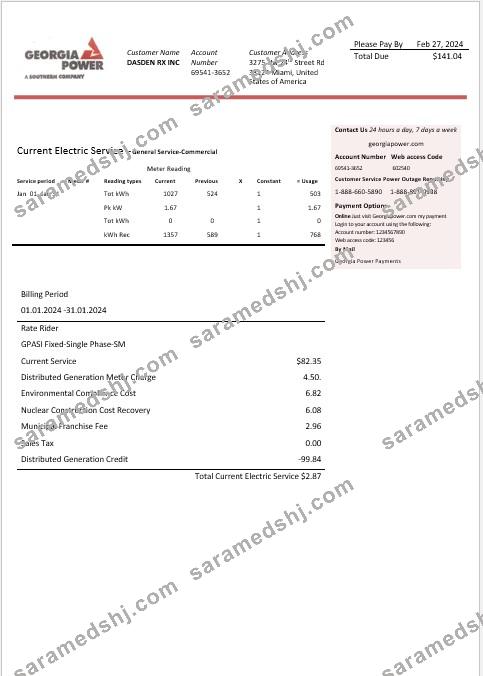 USA Georgia Power business utility bill template in Word and PDF formats, fully editable